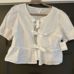White Blouse with Tie Front Bow Accent